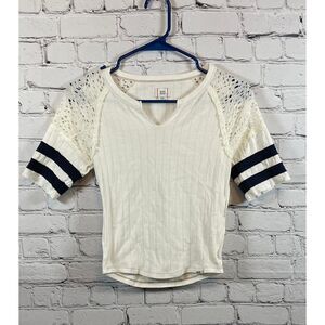 BDG Cream Lace Sleeve Varsity Striped Top Casual‎ Boho Chic S-P